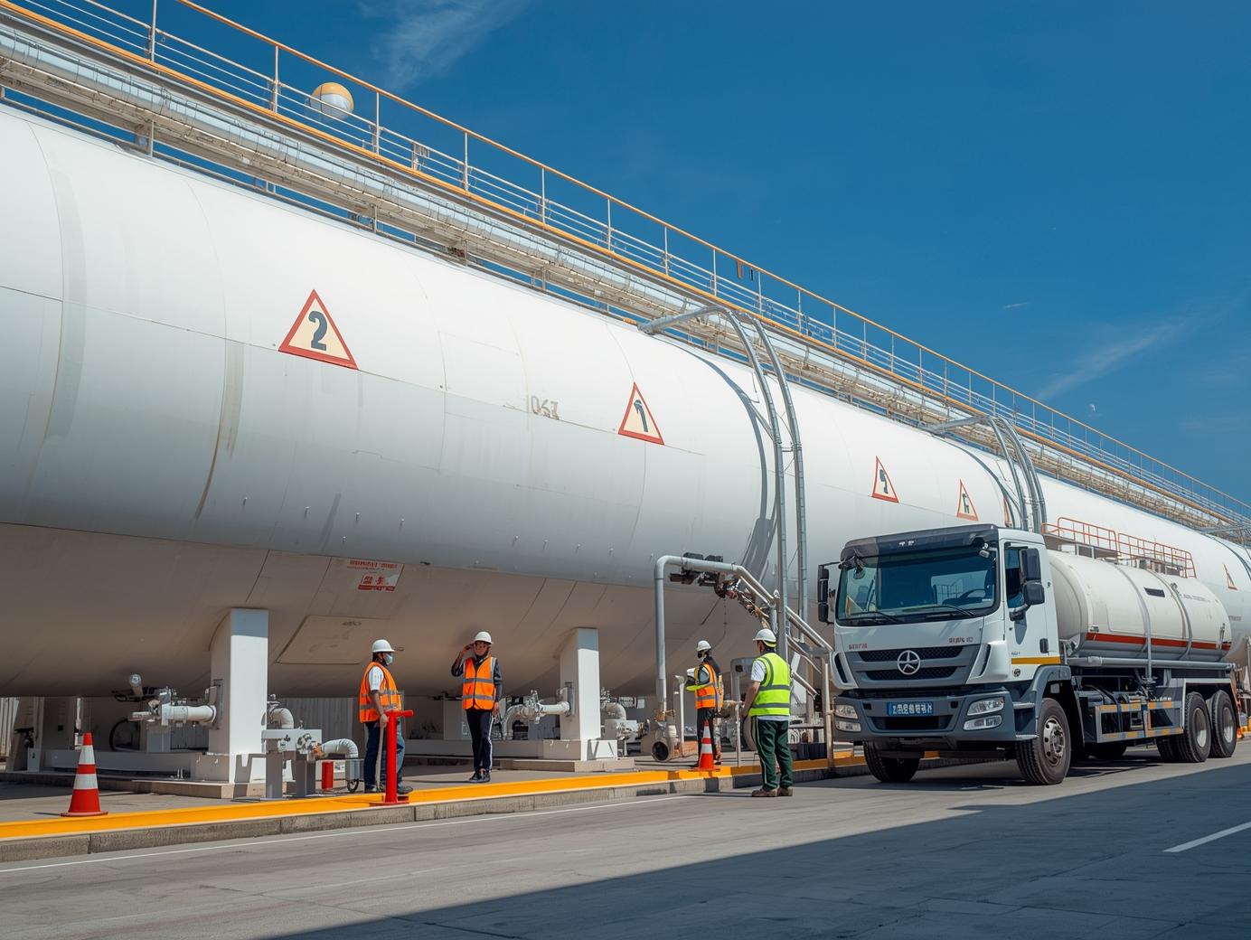 A bulk LPG storage facility with large horizontal white LPG storage tanks (bullet tanks)