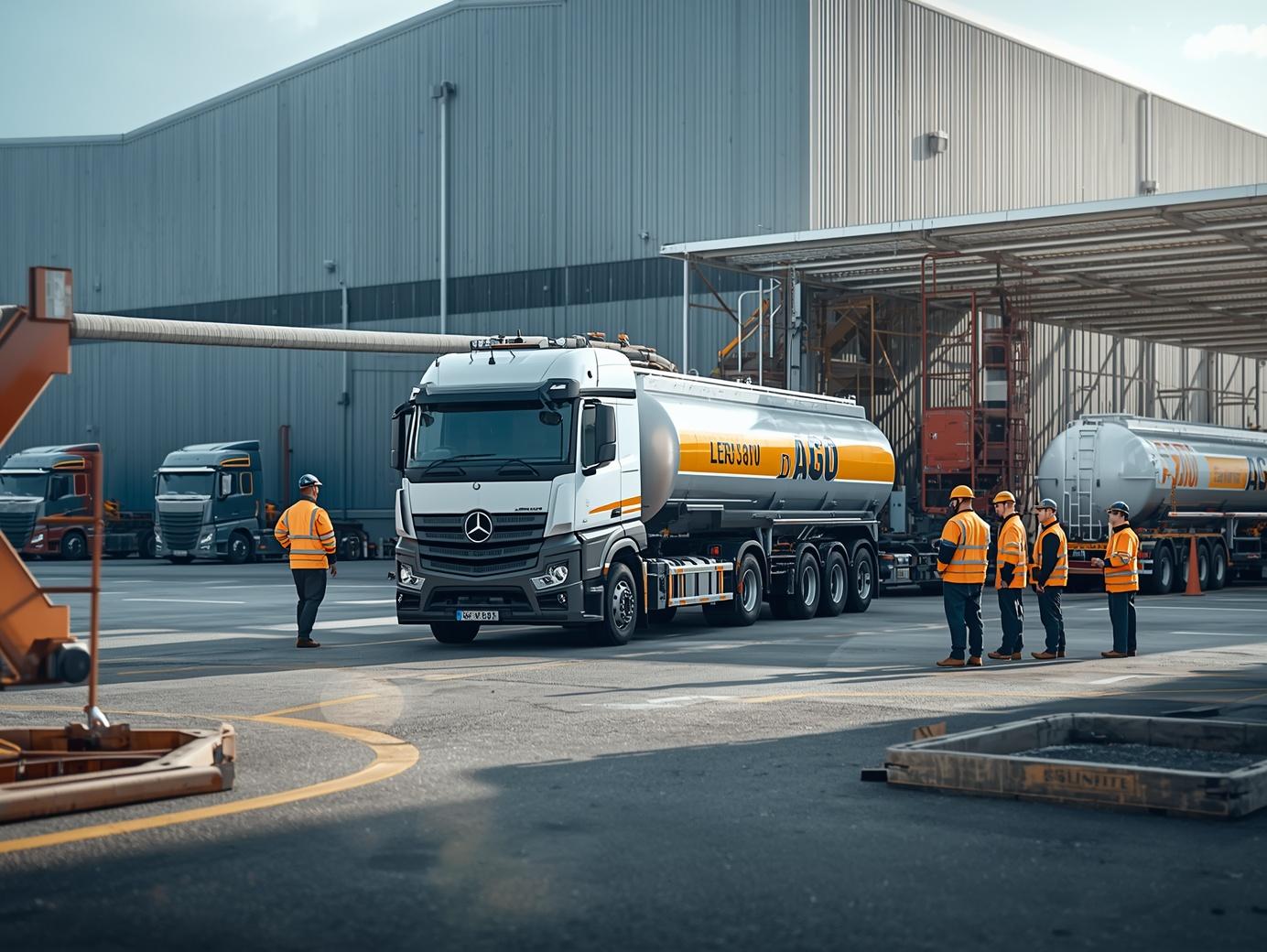 A diesel tanker truck supplying AGO fuel to heavy-duty trucks and industrial equipment in a logistics yard