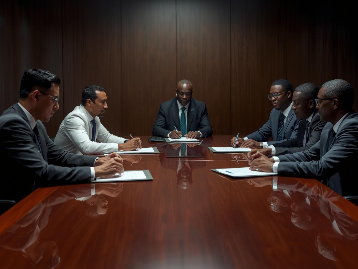 Energy sector contract signing meeting with executives exchanging documents across conference table