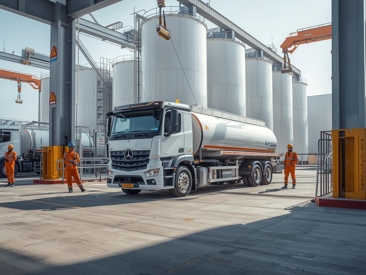 fuel tanker truck positioned under a petroleum depot loading gantry for PMS bulk loading