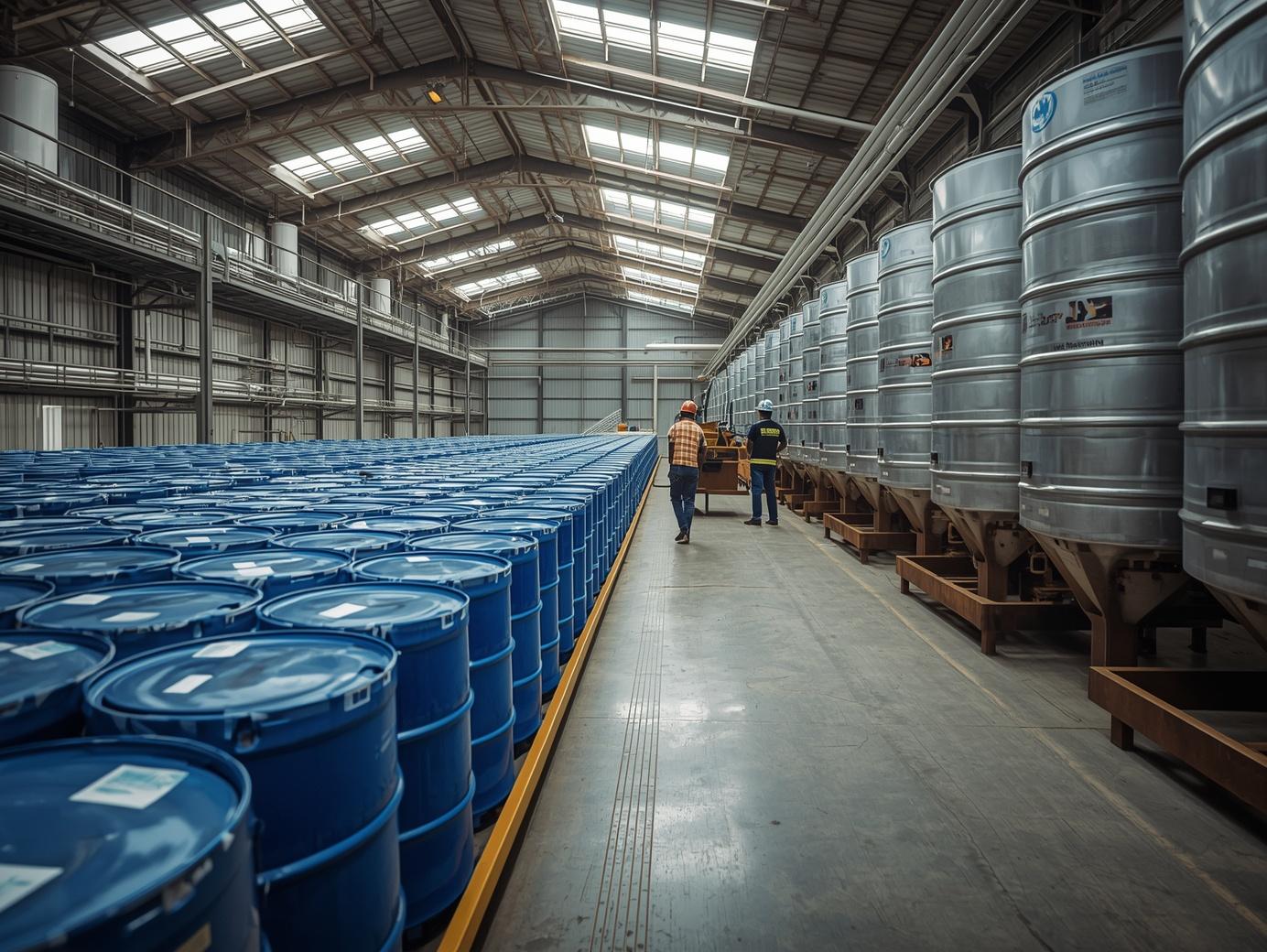 kerosene distribution facility, organized blue and silver storage drums aligned neatly
