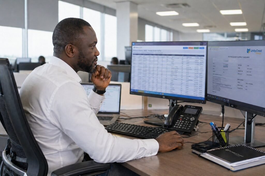 Energy operations manager reviewing a business inquiry on a workstation in a corporate office.